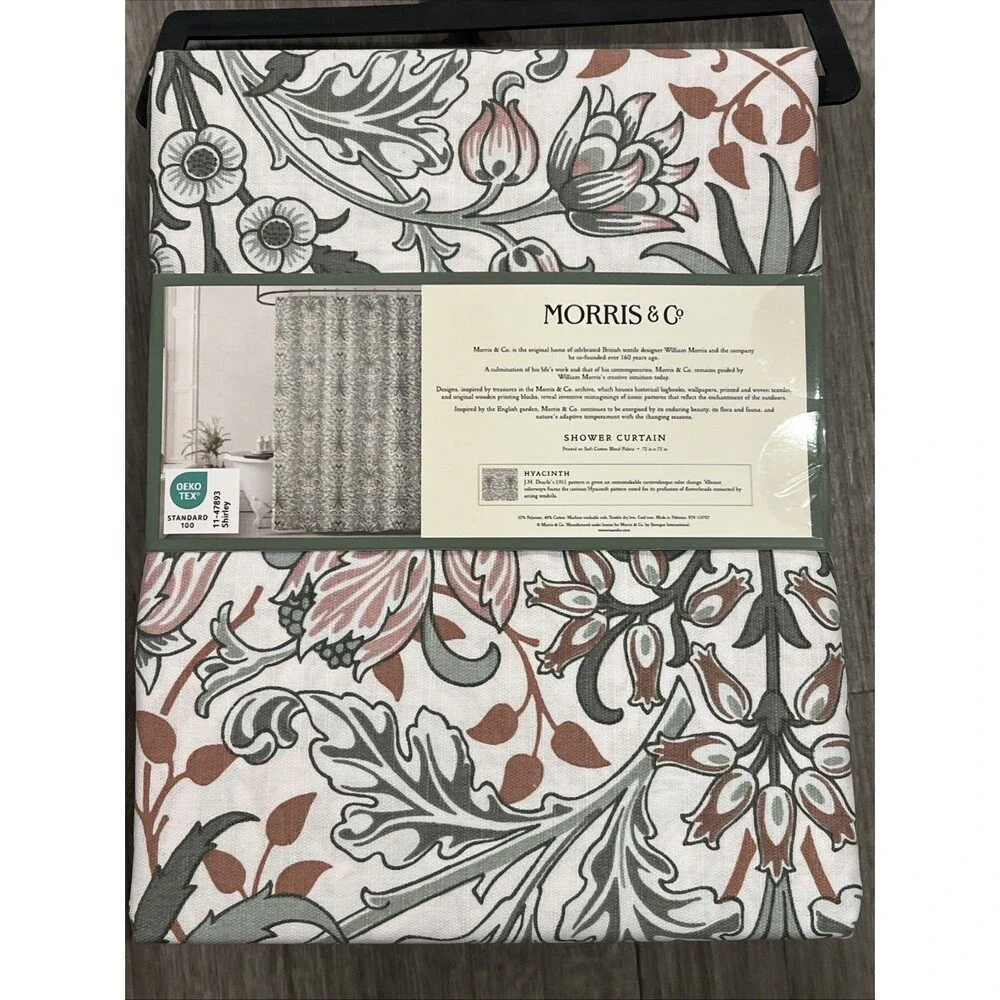 Morris & Co Hyacinth Green Floral Cotton Blend Fabric Shower Curtain 72 X 72 New